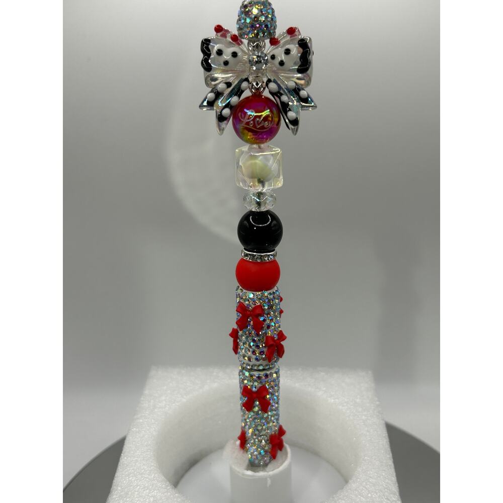 Valentine Beaded Bow Pen, Black,Red, White Bows, Red Love Bead, Handmade